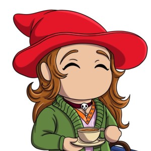 Illustration of Leigh's Gnomesona Skull, wearing a red pointed hat with a brim over long wavy brown hair. Her outfit is agreen cardigan over a purple top with an orange collar. She's holding a teacup and saucer. Art by Beyondwhatisseen